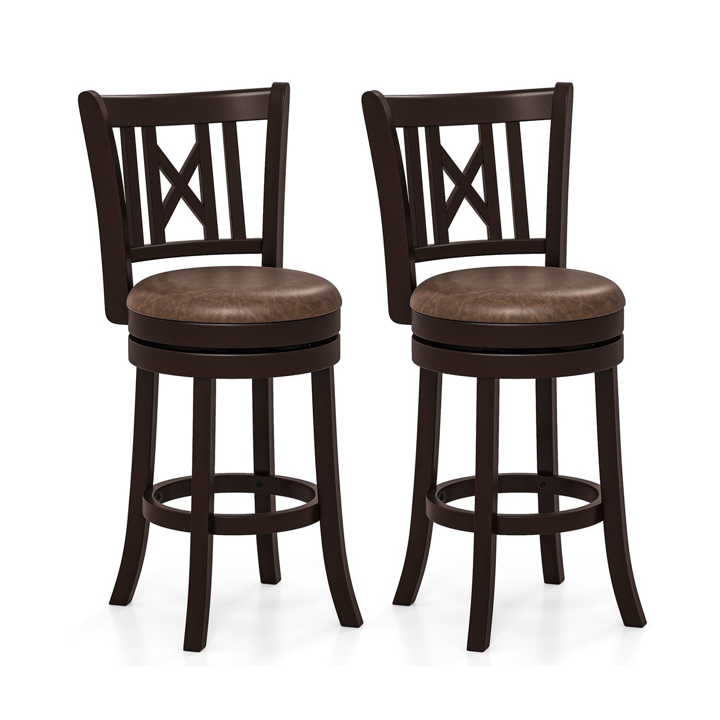Set of 2 Bar Stools Swivel Bar Chairs with Footrest and Hollowed Backrest