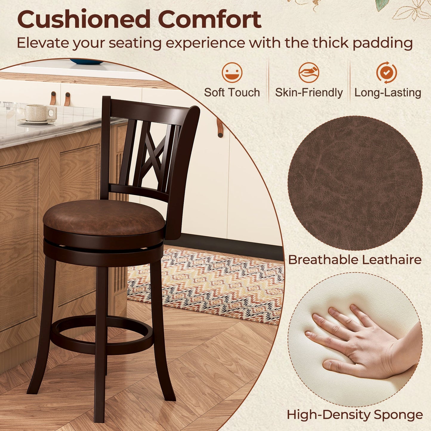 Set of 2 Bar Stools Swivel Bar Chairs with Footrest and Hollowed Backrest