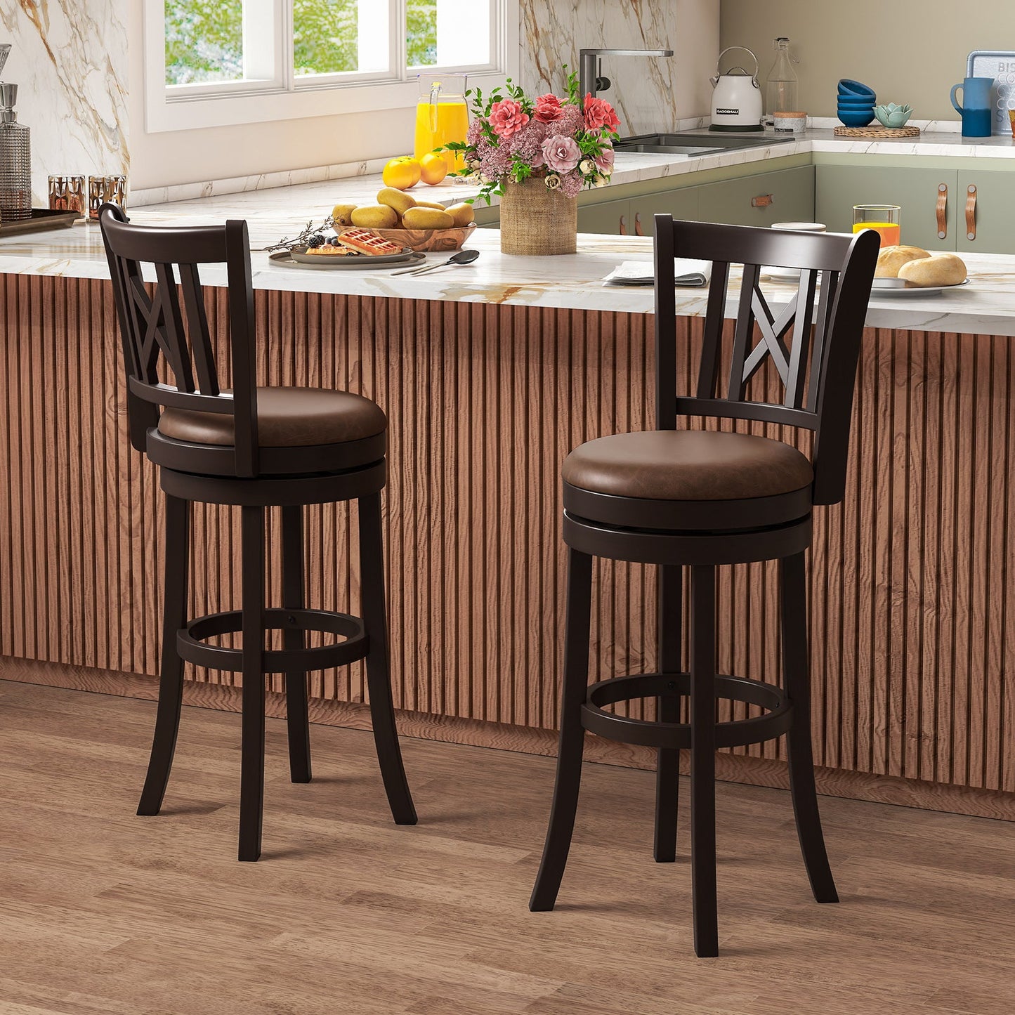 Set of 2 Bar Stools Swivel Bar Chairs with Footrest and Hollowed Backrest