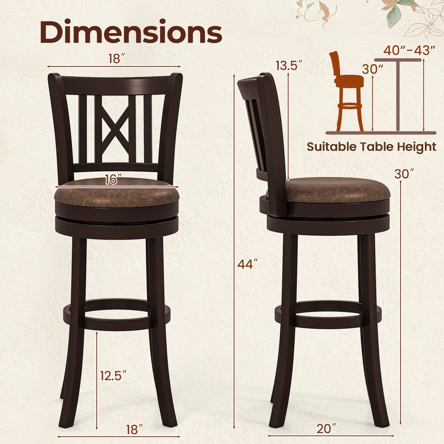 Set of 2 Bar Stools Swivel Bar Chairs with Footrest and Hollowed Backrest