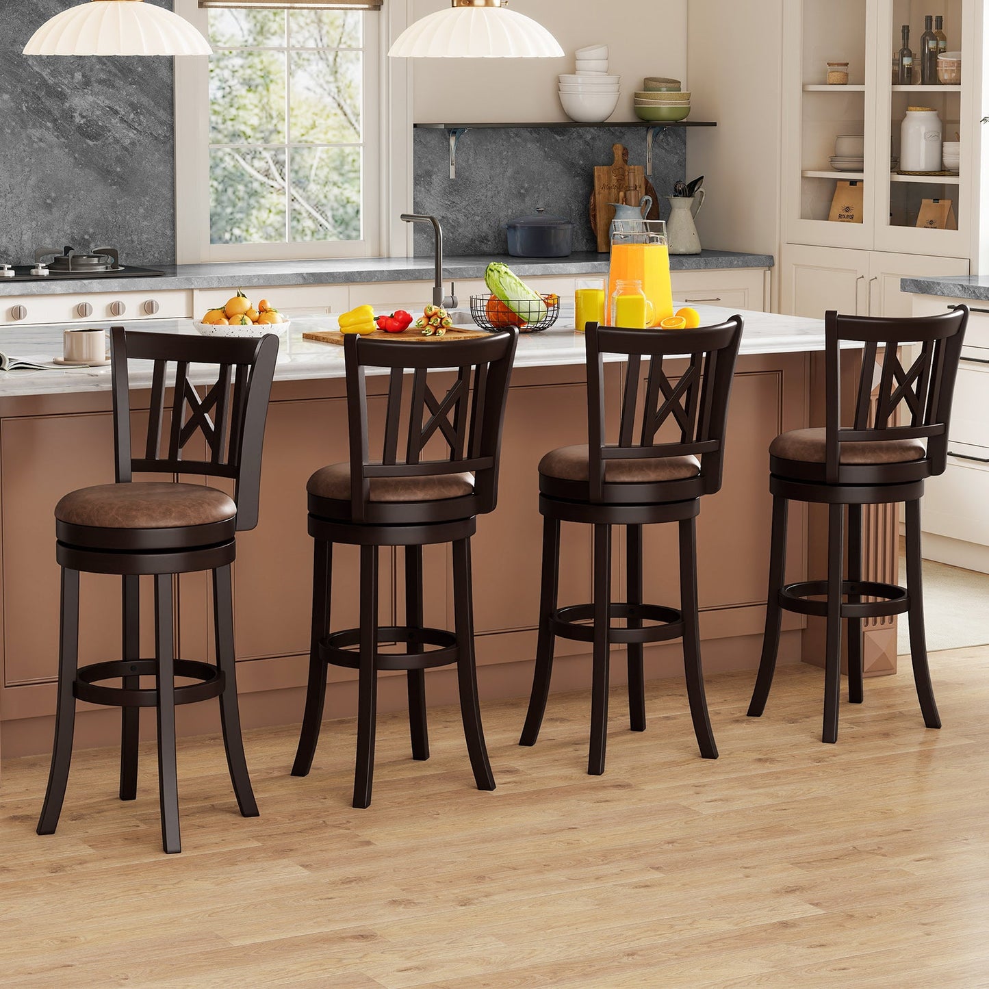 Set of 2 Bar Stools Swivel Bar Chairs with Footrest and Hollowed Backrest