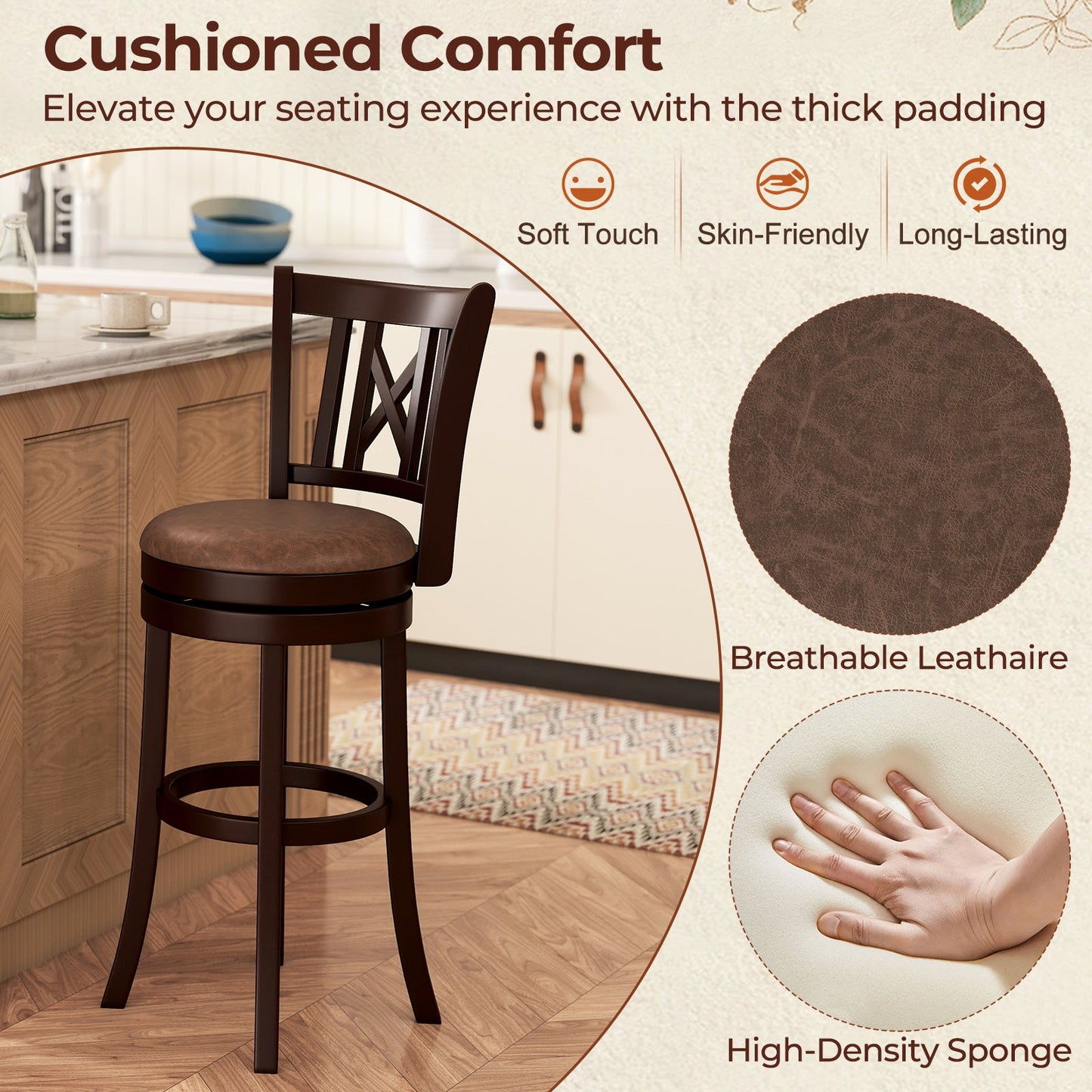 Set of 2 Bar Stools Swivel Bar Chairs with Footrest and Hollowed Backrest