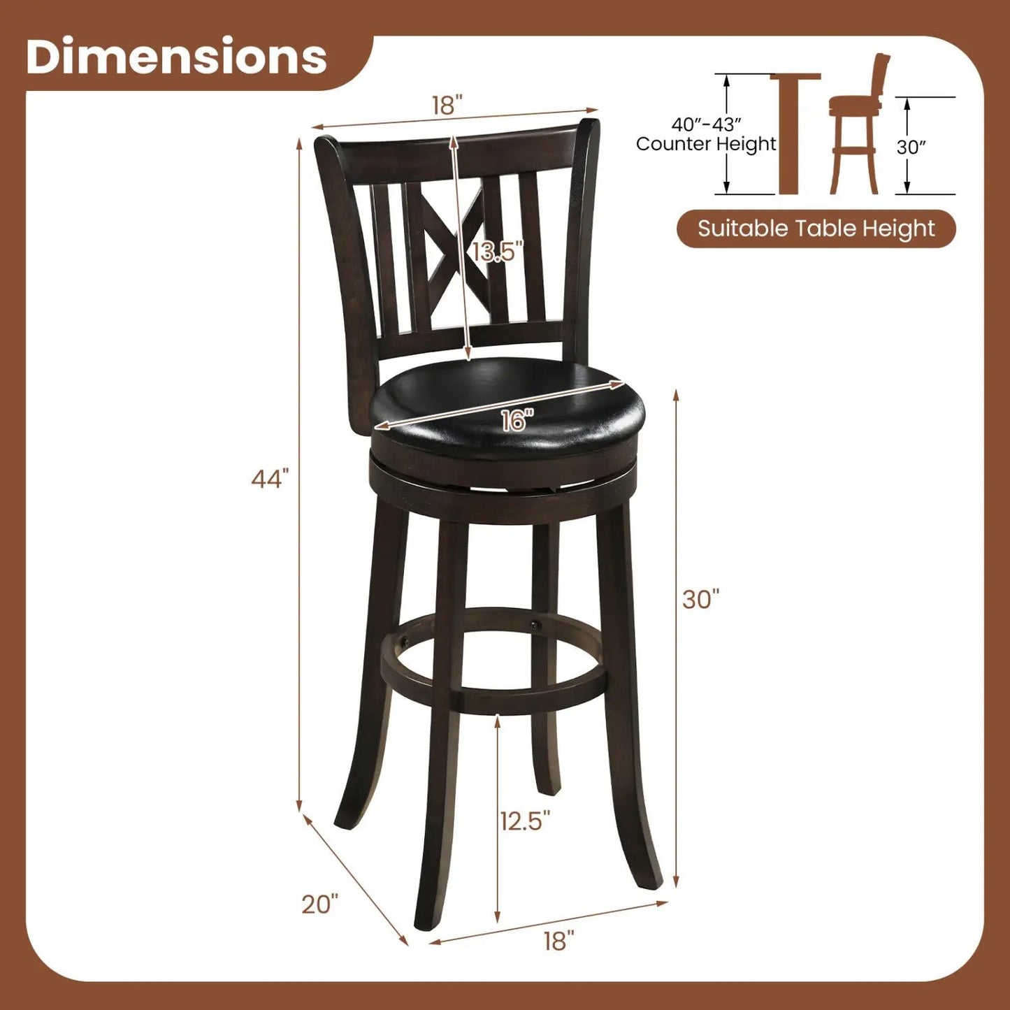 Swivel Bar Stools Set of 2 with Backrest 30 Inch