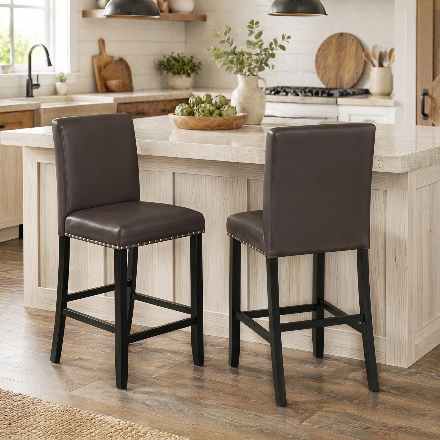 Bar stools with back set of 2, 25.5" counter height, dark brown upholstery, black legs on Tampa Home & Garden Store