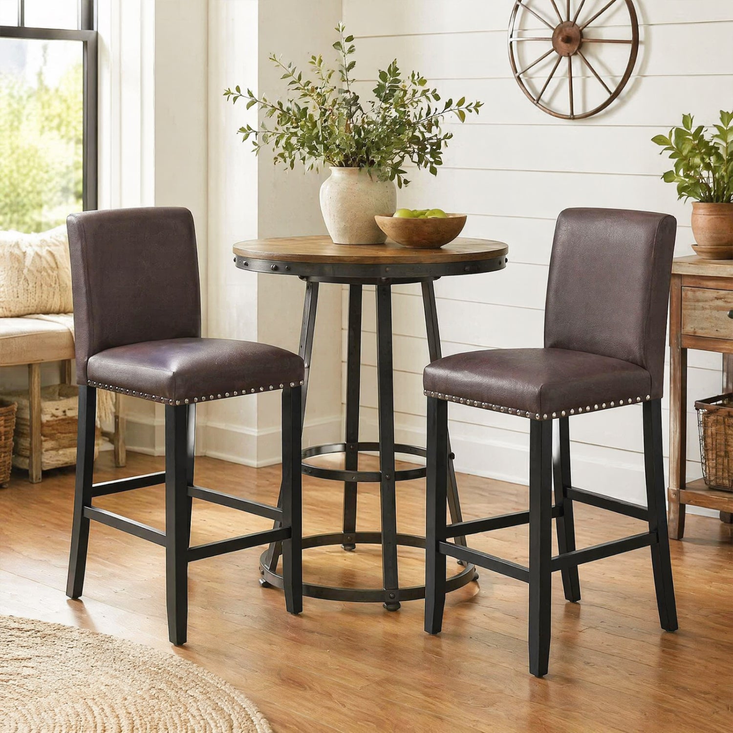 Bar stools with back, set of 2, 25.5-inch counter height, dark brown faux leather seats on Tampa Home & Garden Store