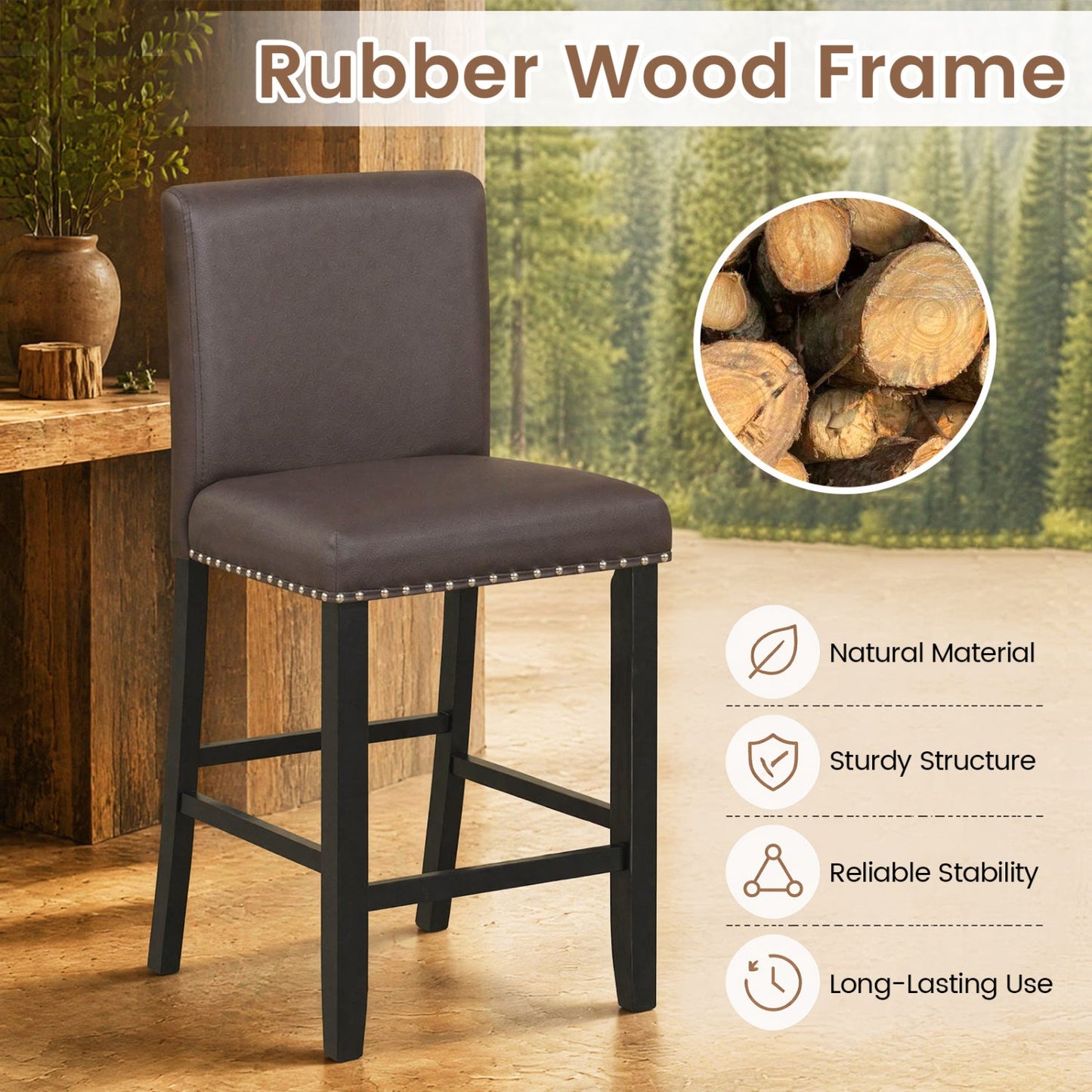 Bar stools with back set of 2, 25.5in counter height, DirectDeals, leather seat, rubber wood on Tampa Home & Garden Store