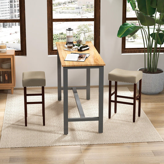 2 Set of 29 Inch Height Upholstered Bar Stool with Solid Rubber Wood Legs and Footrest-Beige - Tampa Home & Garden Store