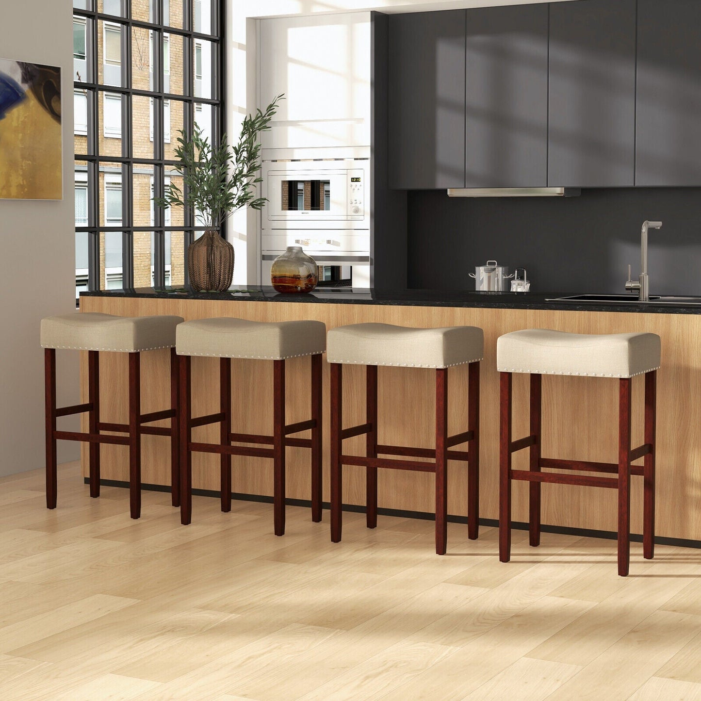 2 Set of 29 Inch Height Upholstered Bar Stool with Solid Rubber Wood Legs and Footrest-Beige
