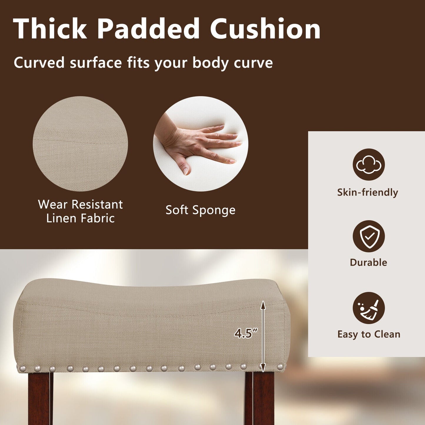 2 Set of 29 Inch Height Upholstered Bar Stool with Solid Rubber Wood Legs and Footrest-Beige