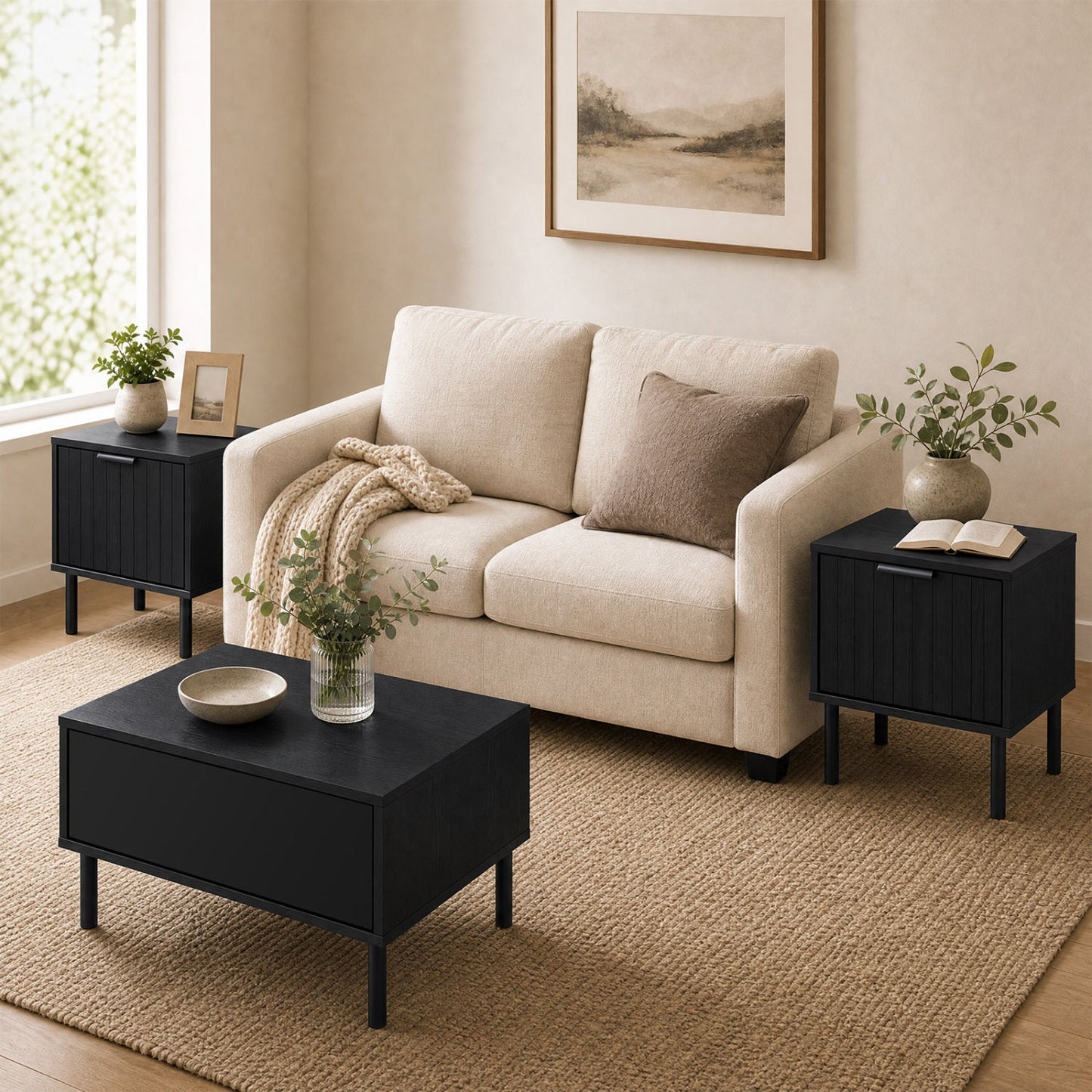 Modern Nightstand set of 2 with vertical grooved drawers, black finish beside beige sofa on Tampa Home & Garden Store