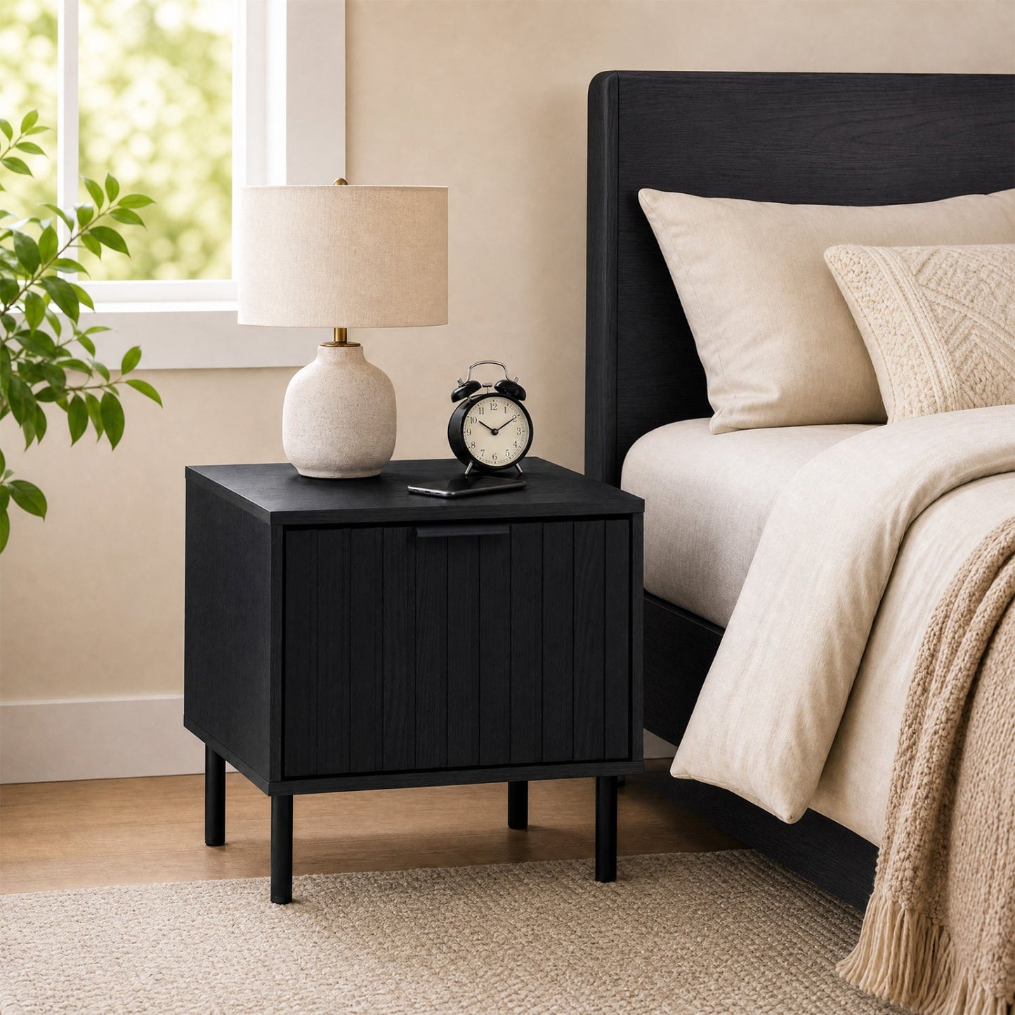 Nightstand set of 2 from DirectDeals in black with vertical striped drawer front and slim legs on Tampa Home & Garden Store