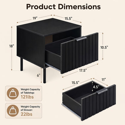 Nightstands set of 2 in black wood with striped drawer fronts; one drawer open on Tampa Home & Garden Store