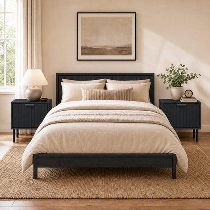 DirectDeals Nightstand Set of 2 with vertical striped drawer fronts in dark navy beside beige bed on Tampa Home & Garden Store