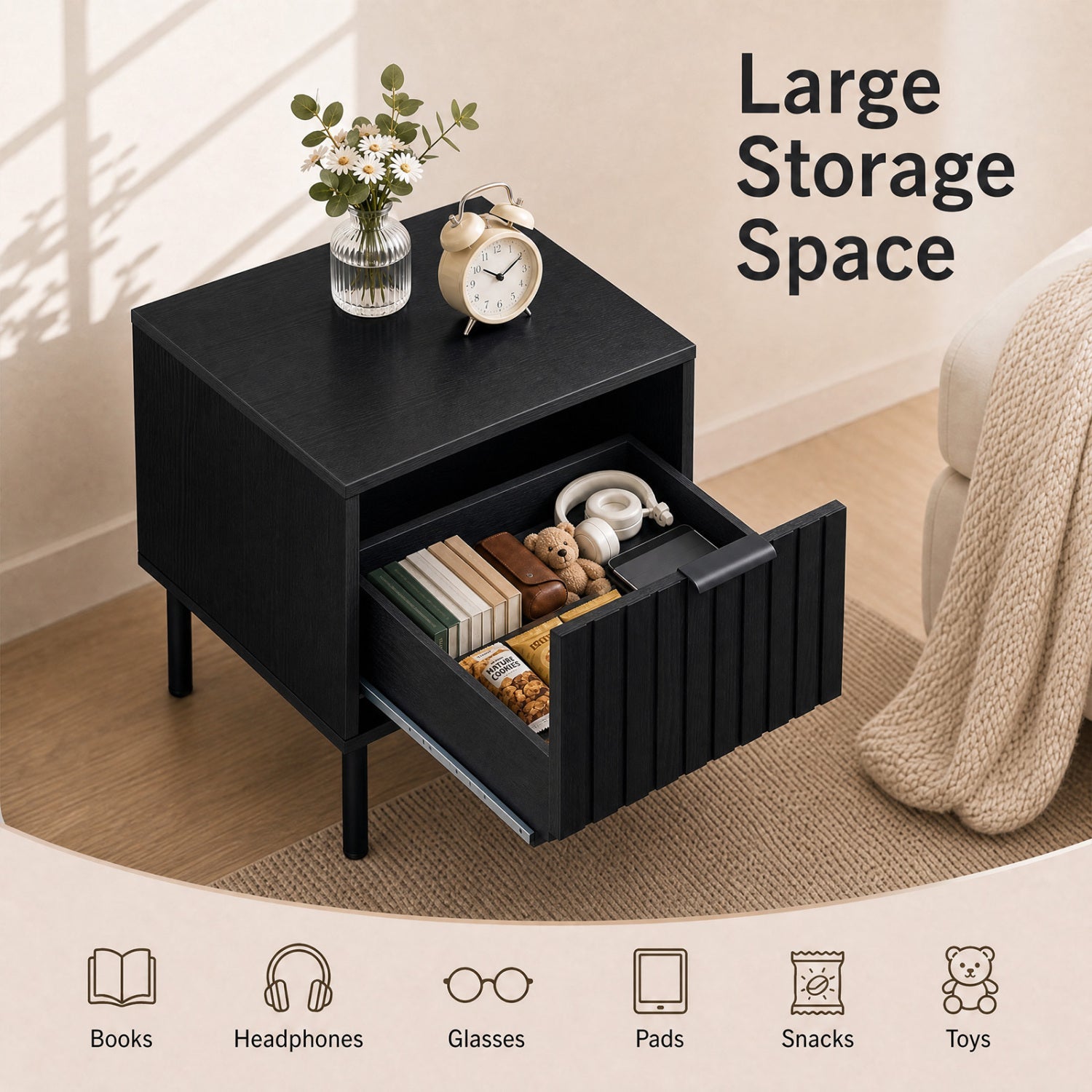 Nightstand set of 2 by DirectDeals in black with vertical striped drawer, top vase and clock on Tampa Home & Garden Store