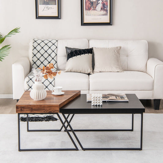 Coffee Table Set of 2 with Powder Coated Metal Legs-Black - Tampa Home & Garden Store