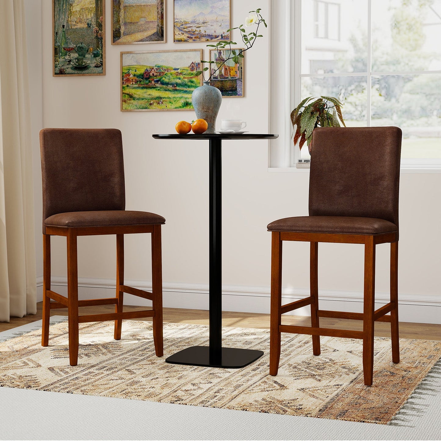 Set of 2 Counter Barstools with Rubberwood Legs and Upholstered Seat-Walnut
