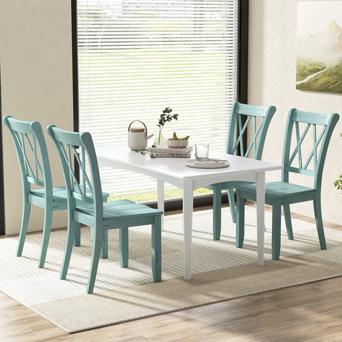 Set of 2 Cross Back Rubber Wood Dining Chairs-Green