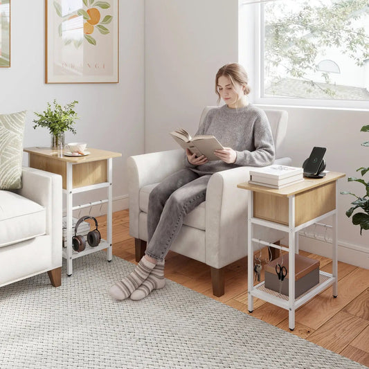 End Table set with charging station and hidden compartment; light-wood tops, white frames on Tampa Home & Garden Store