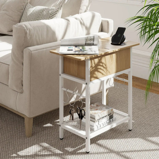 End Table with charging station and hidden compartment natural wood top white frame DirectDeals on Tampa Home & Garden Store
