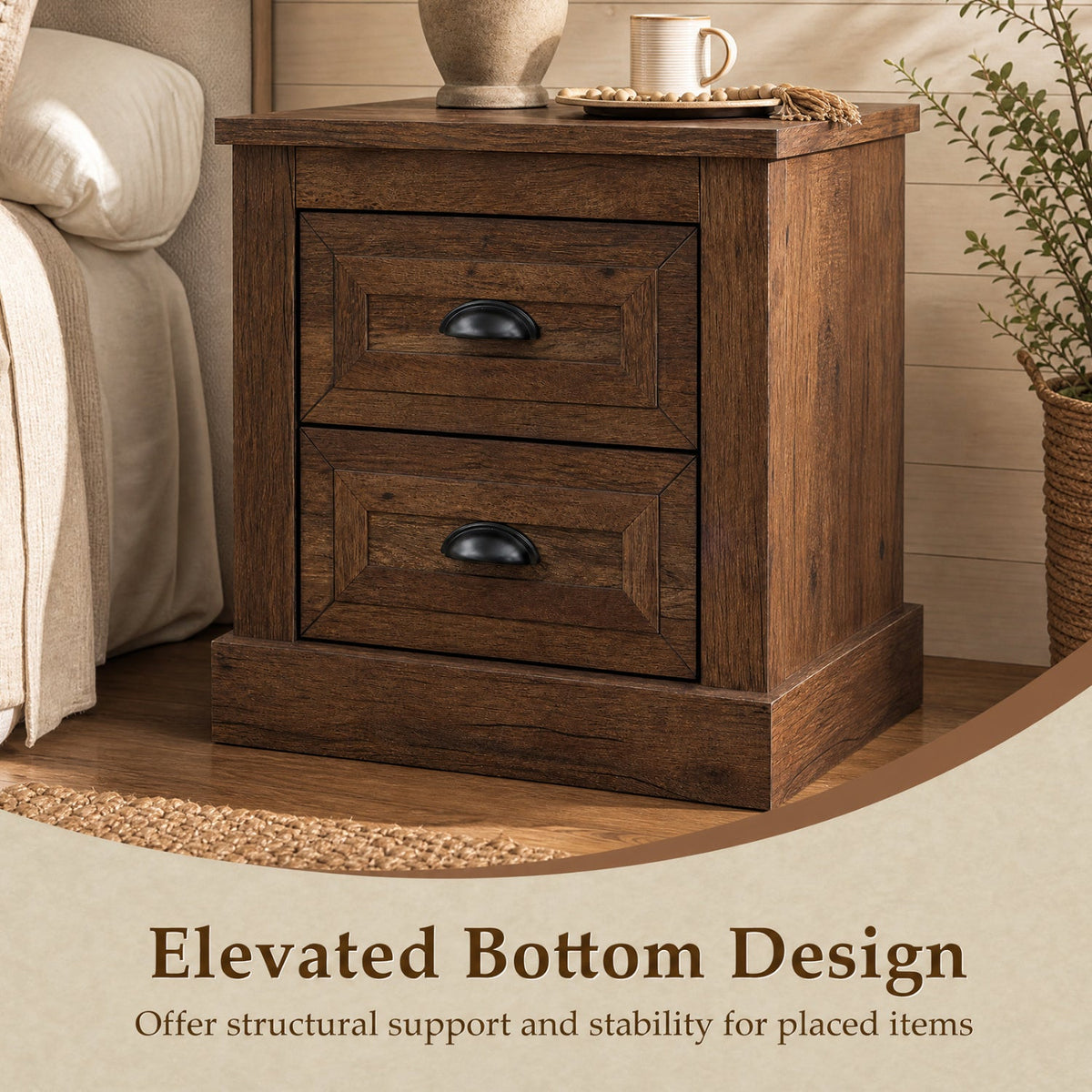 Farmhouse nightstand set of 2 in brown wood with drawers and black cup pulls DirectDeals on Tampa Home & Garden Store