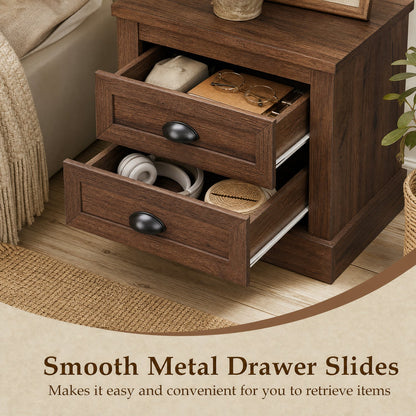 Farmhouse nightstand set of 2 in brown wood with two drawers and black cup pulls on Tampa Home & Garden Store