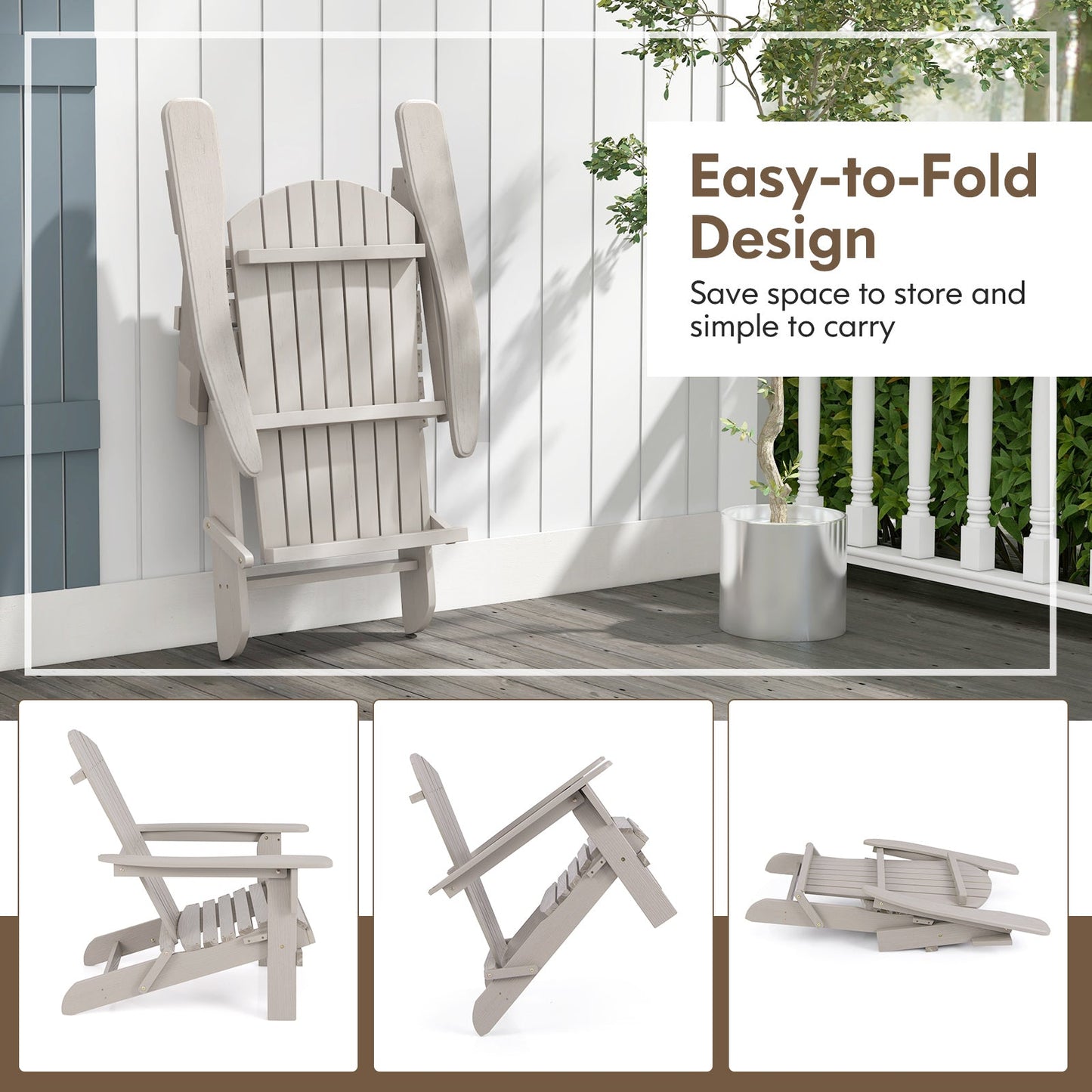 1 Silla Adirondack Plegable con Respaldo Alto y Reposabrazos Anchos-Gris