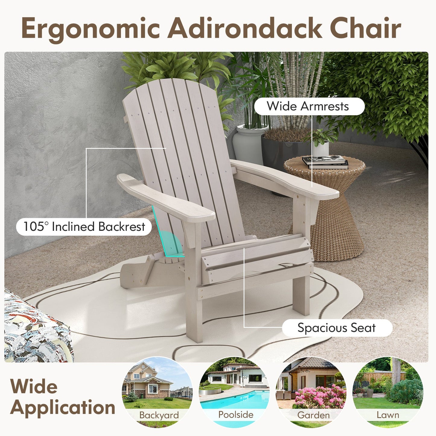 1 Silla Adirondack Plegable con Respaldo Alto y Reposabrazos Anchos-Gris