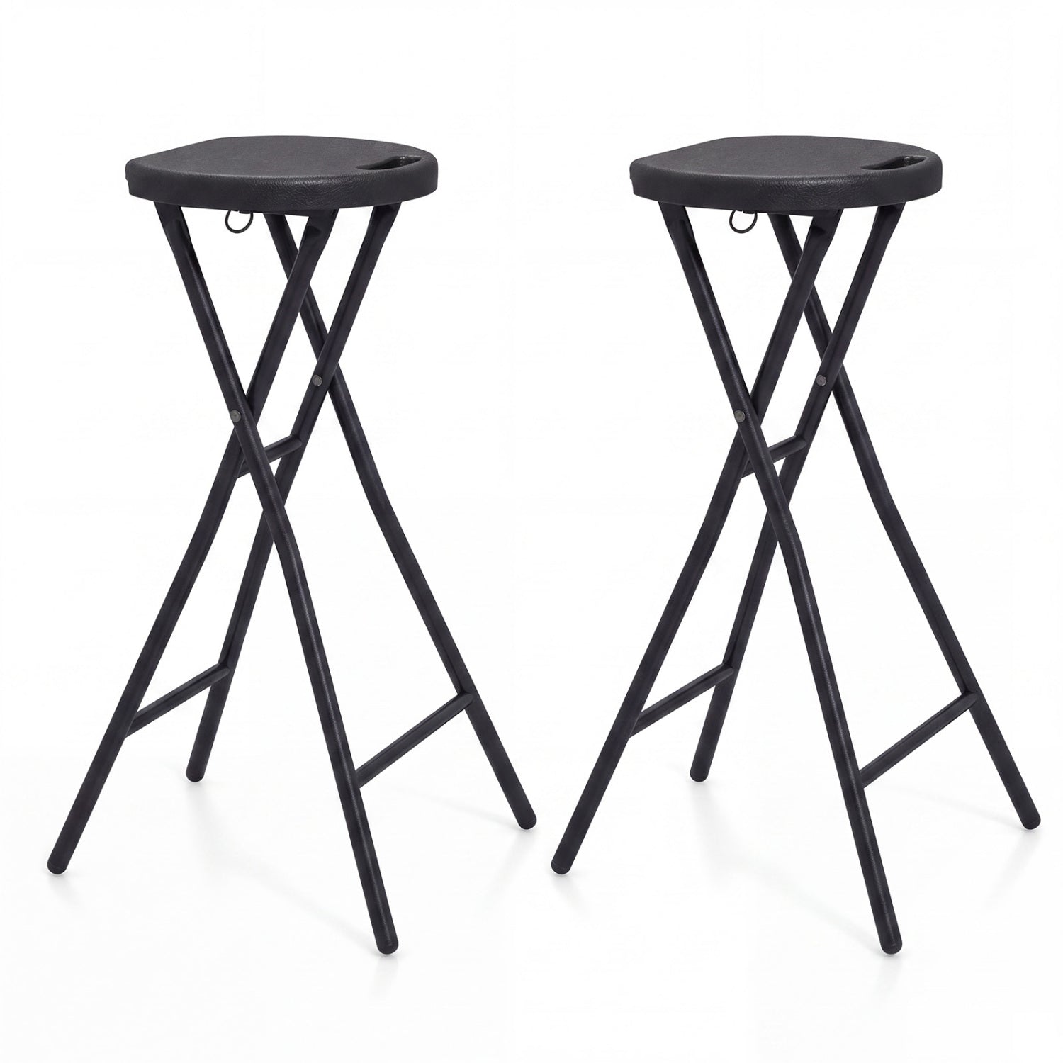 Folding bar stools set of 2, 27.5in high, black metal frames with padded seats and carry handle on Tampa Home & Garden Store