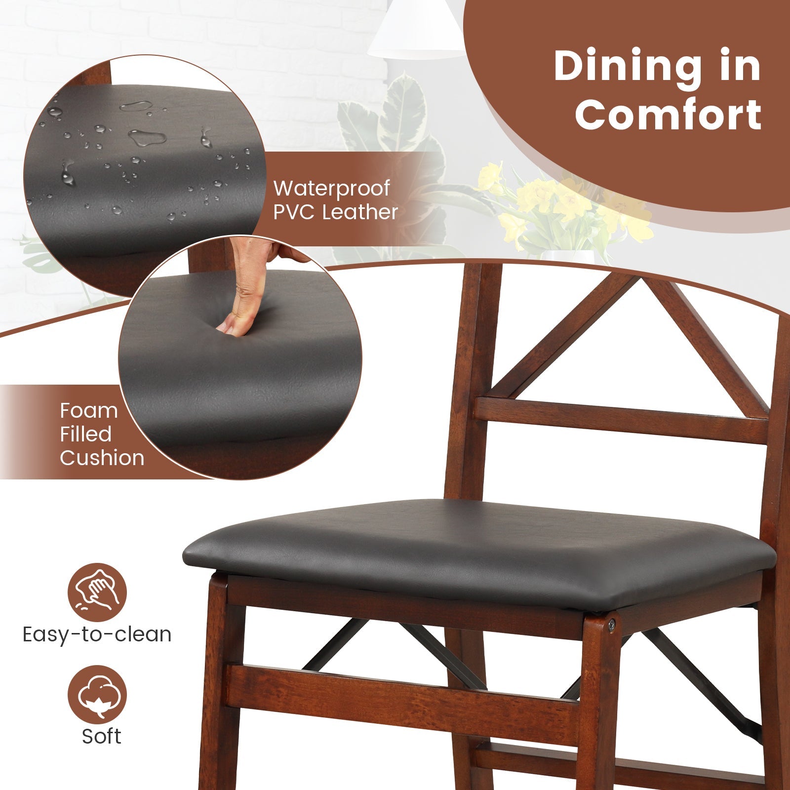 Set of 2 Folding Dining Chairs with 400 LBS Capacity-Brown - Tampa Home & Garden Store