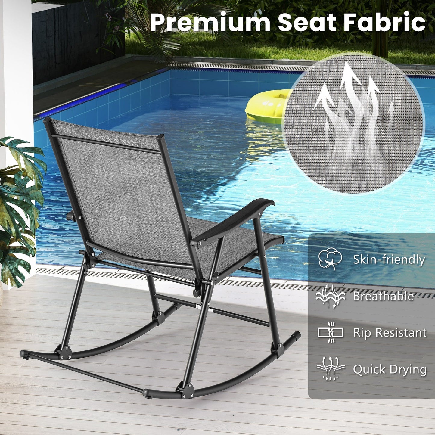 Folding Rocking Chair with Breathable Seat Fabric Set of 2-Gray