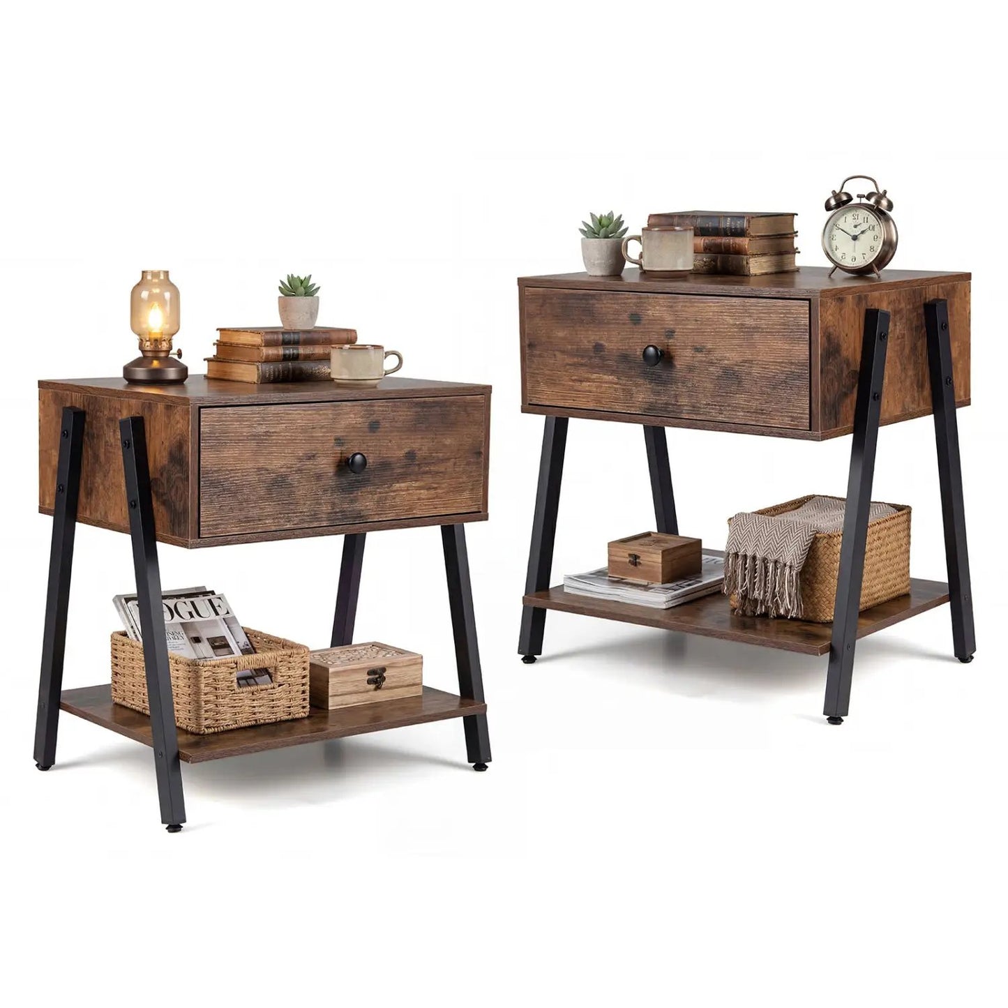 Industrial Nightstands Set of 2 with Drawer Shelf