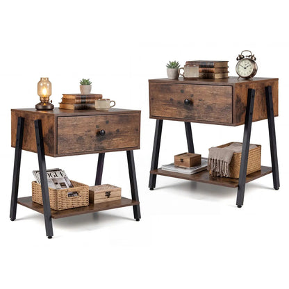 Industrial Nightstands Set of 2 with Drawer Shelf