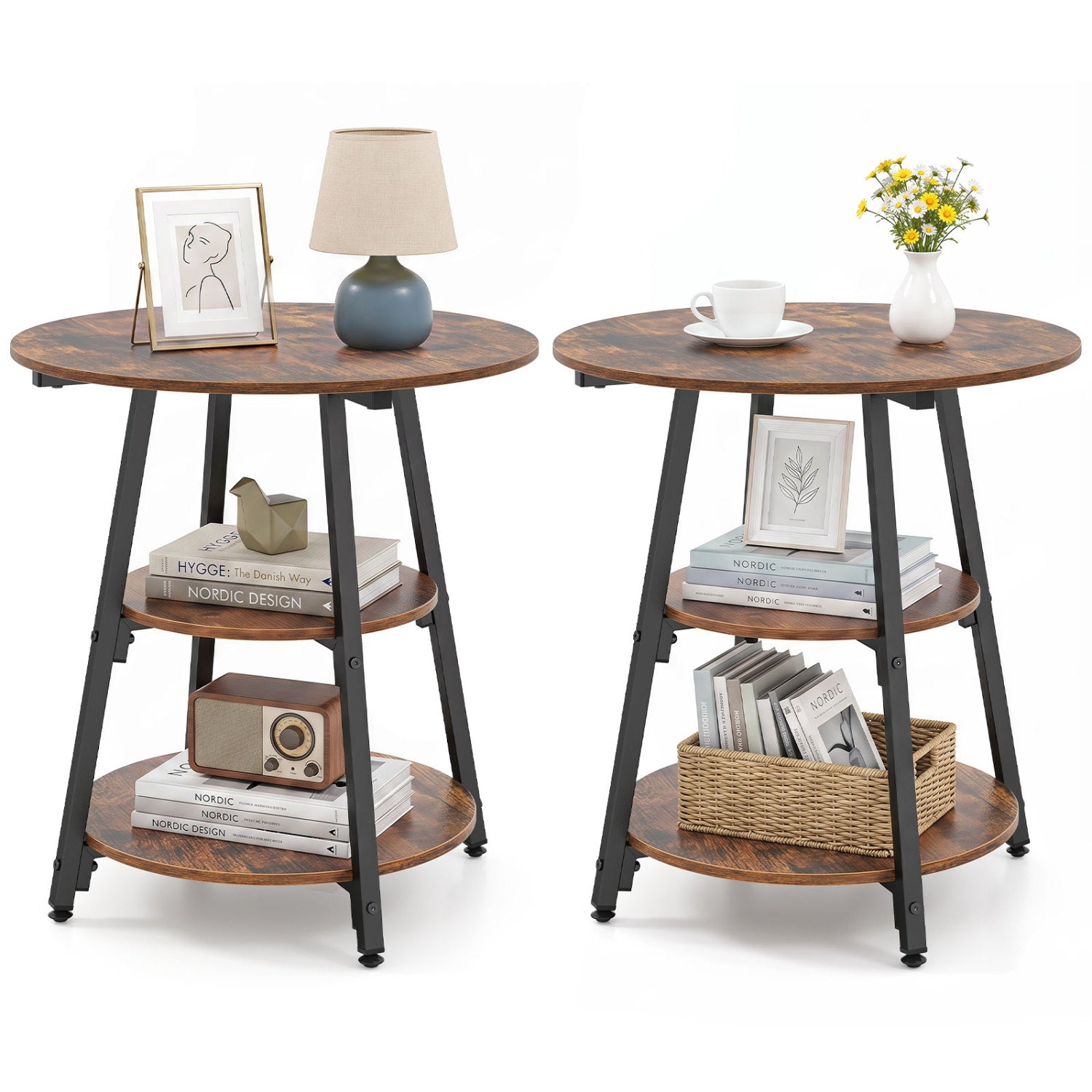 Industrial Side Tables Set of 2 with 3-Tier Shelves, round wood tops and black metal legs on Tampa Home & Garden Store