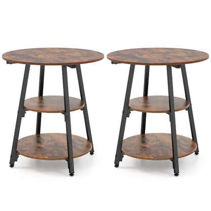 Industrial side tables set of 2 with 3-tier shelves, round wood tops, black metal legs, DirectDeals on Tampa Home & Garden Store