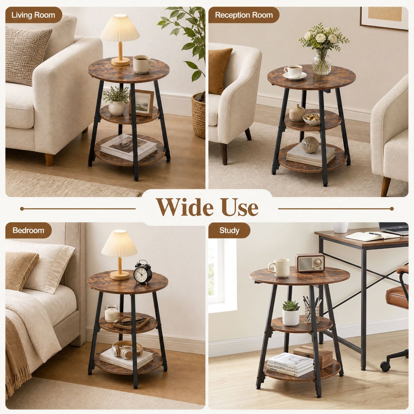 Industrial side tables set of 2 with 3-tier shelves, dark wood tops and black legs DirectDeals on Tampa Home & Garden Store