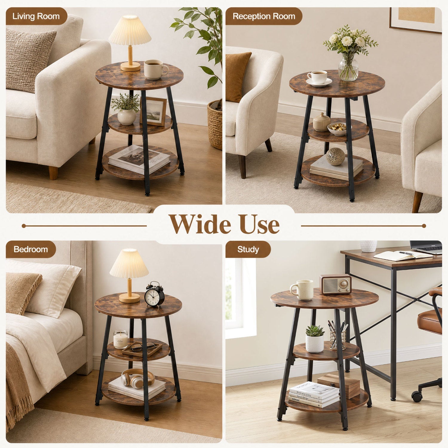 Industrial side tables set of 2 with 3-tier shelves, dark wood tops and black legs DirectDeals on Tampa Home & Garden Store