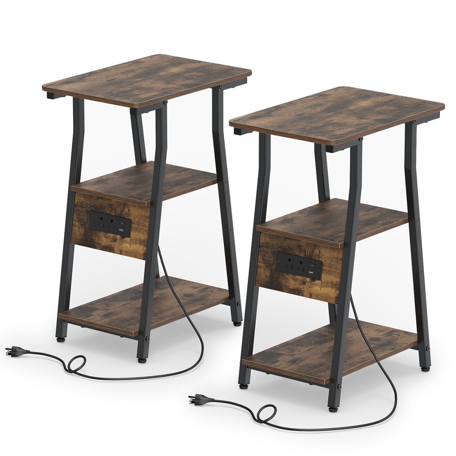 Pair of industrial side tables with charging station and 3-tier shelves in dark wood black metal on Tampa Home & Garden Store