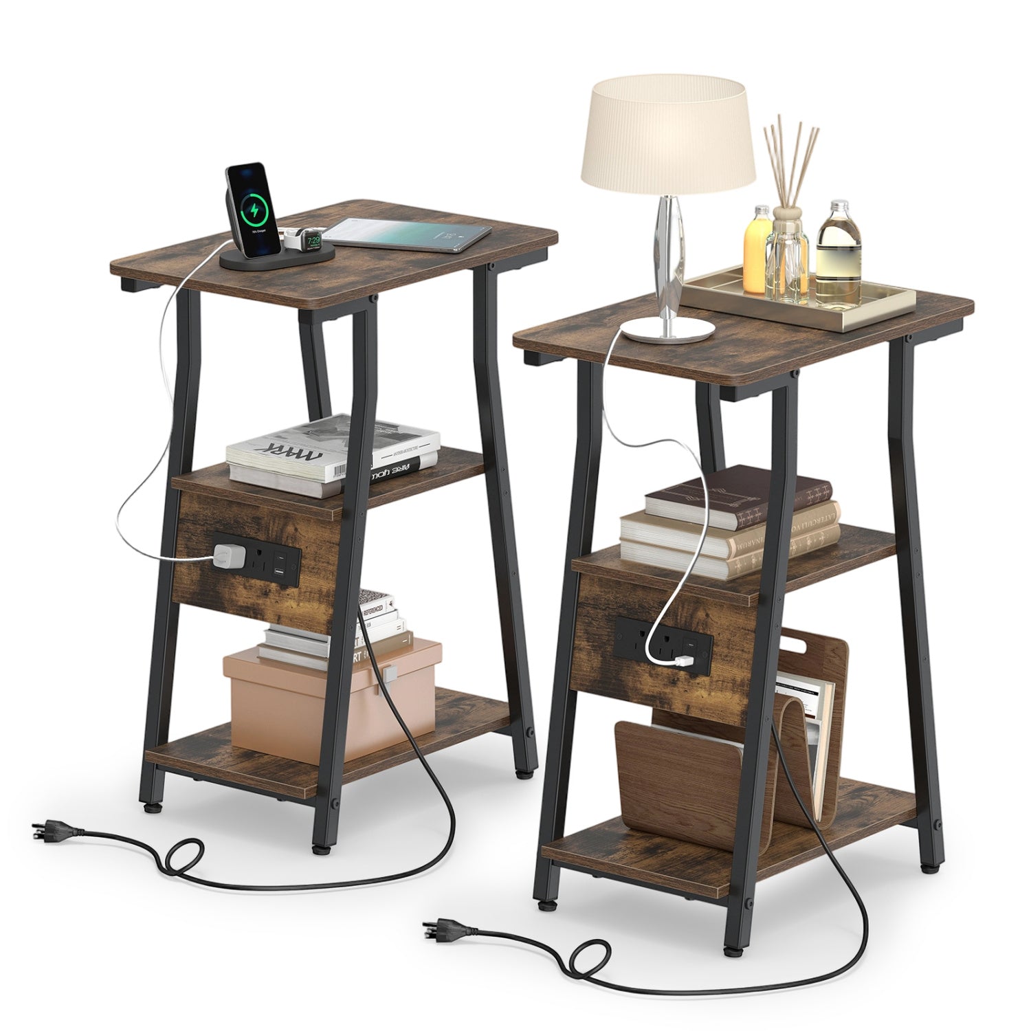 Industrial side tables with charging station & 3-tier shelves wood top black metal frames pair on Tampa Home & Garden Store