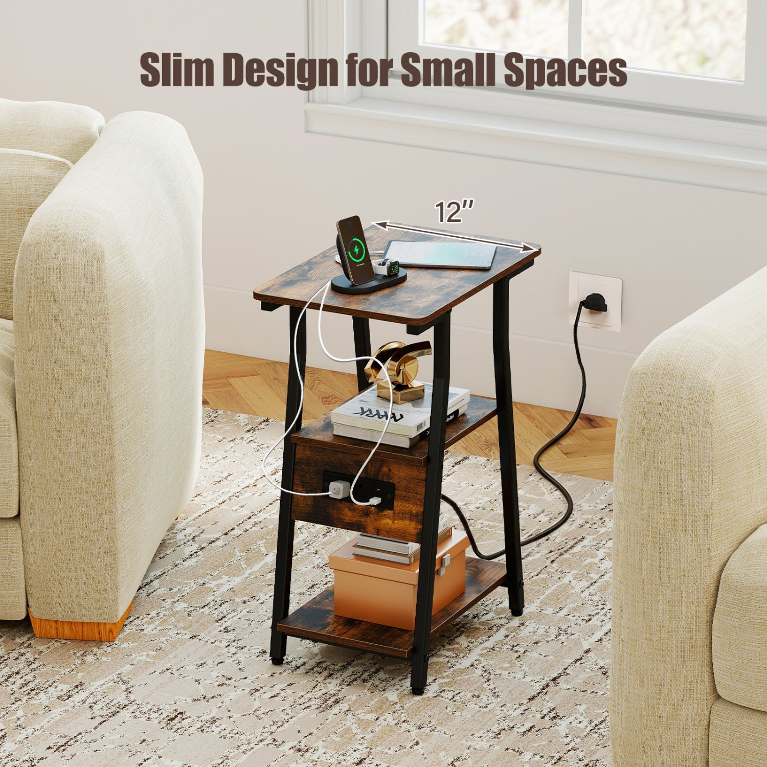 Industrial side table with charging station and 3-tier shelves wood top black frame DirectDeals on Tampa Home & Garden Store