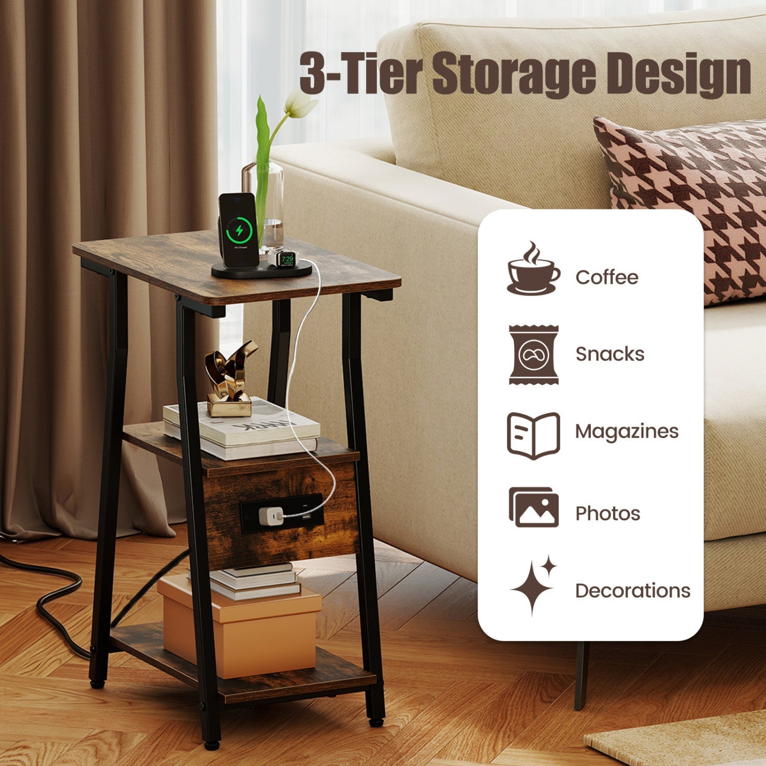 Industrial side table with charging station and 3-tier shelves, wooden top on Tampa Home & Garden Store