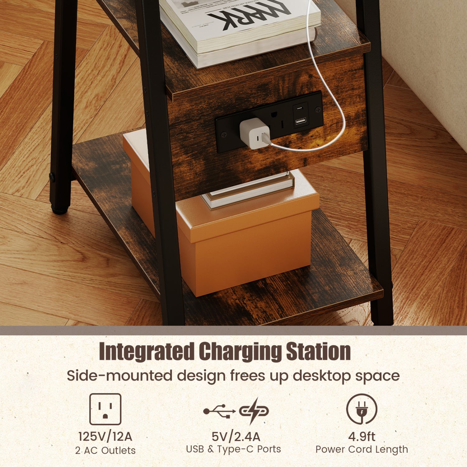 Industrial Side Table with Charging Station & 3-Tier Shelves dark wood finish USB ports on Tampa Home & Garden Store