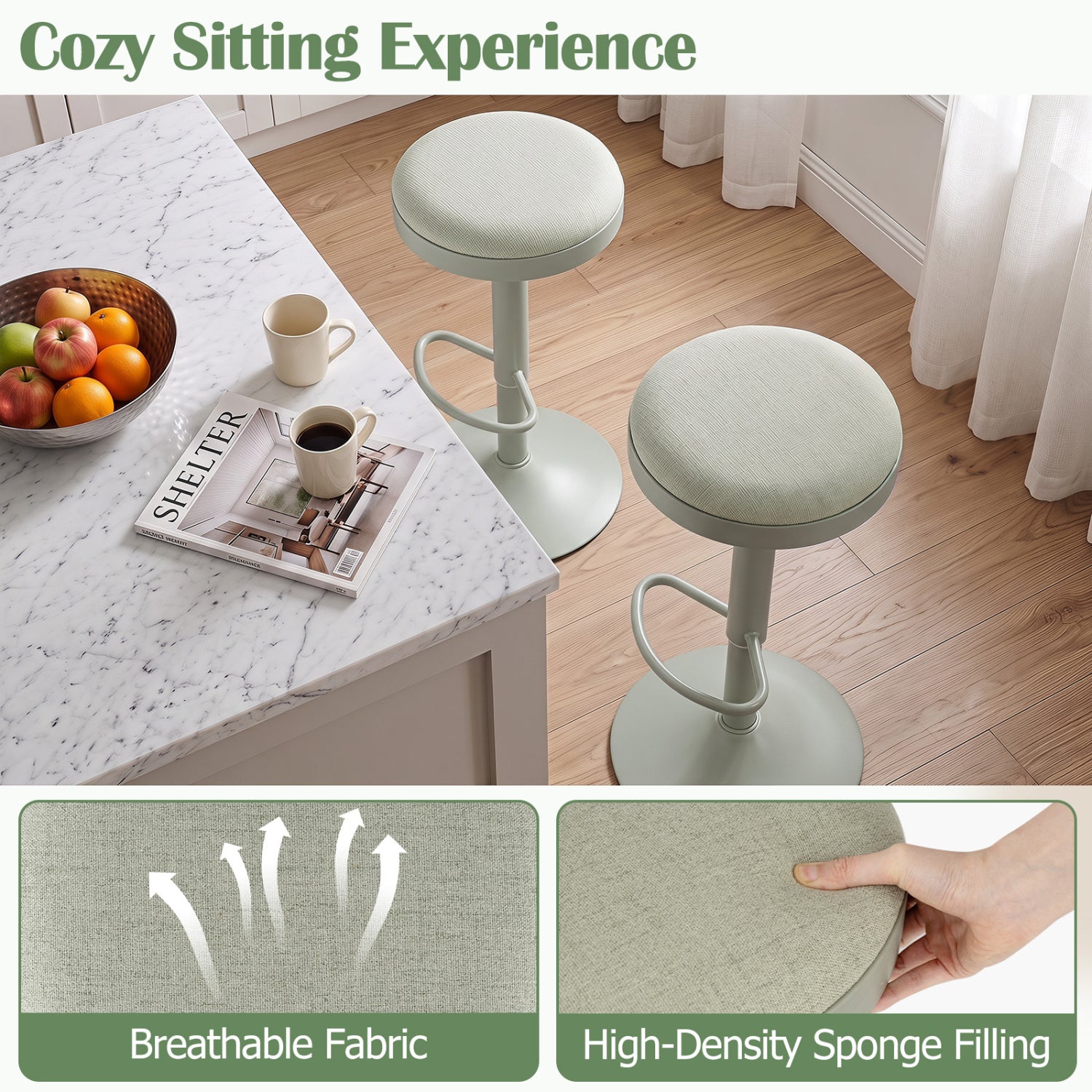 Adjustable Bar Stools Set of 2 by DirectDeals with padded sage green seats on a marble island on Tampa Home & Garden Store