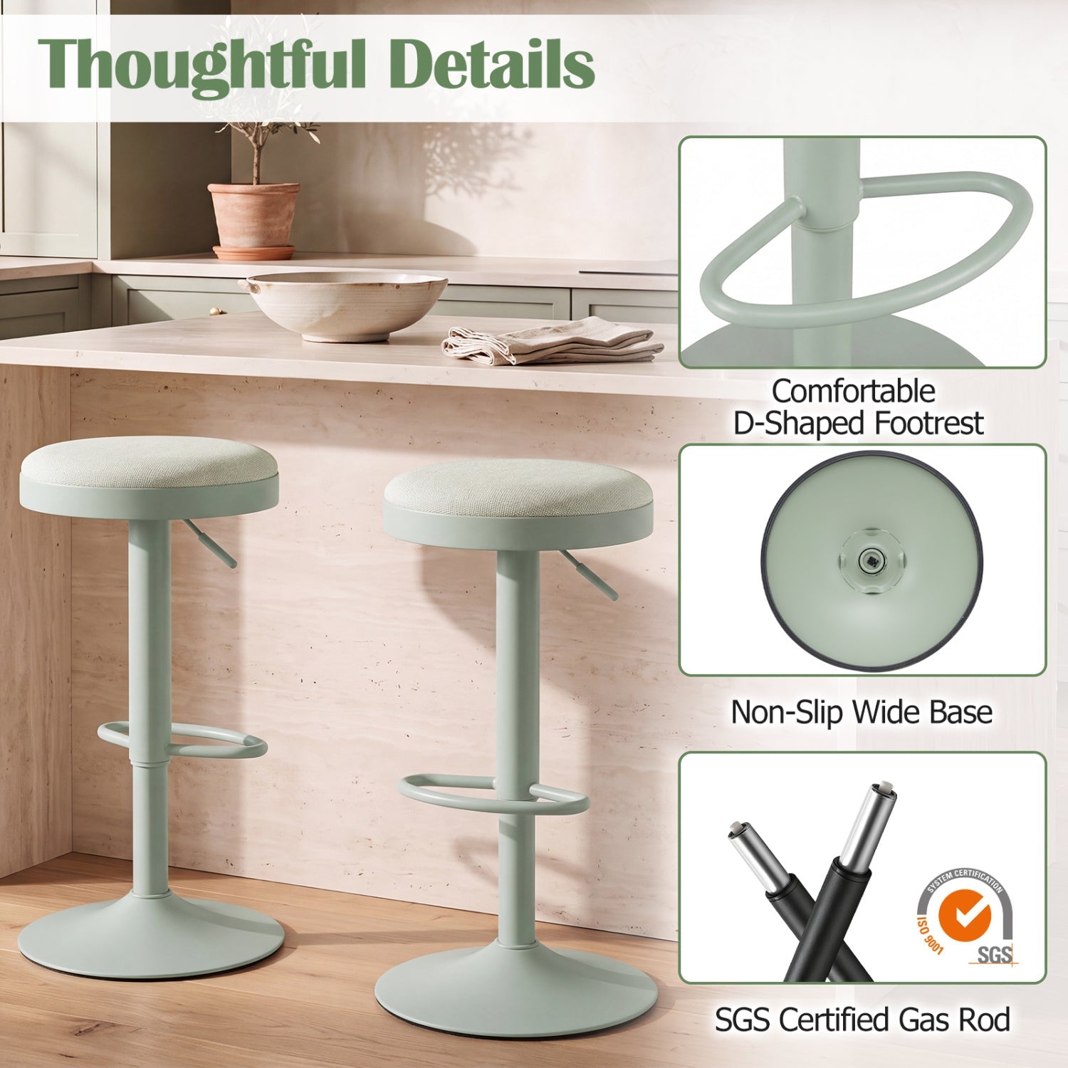 DirectDeals adjustable bar stools set of 2 with padded sage seats and D-shaped footrests on Tampa Home & Garden Store