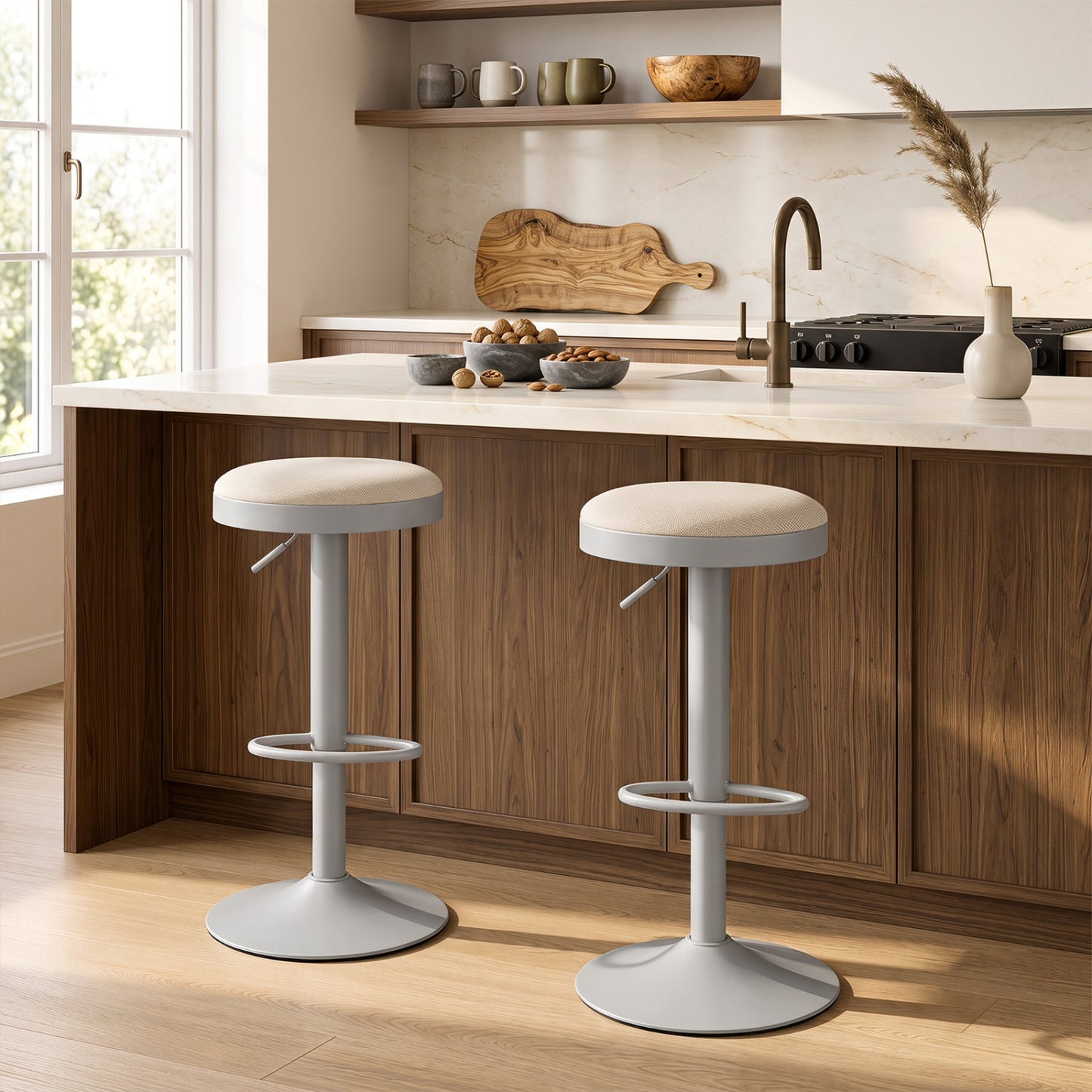 Bar stools set of 2 adjustable with padded beige seats and grey bases DirectDeals on Tampa Home & Garden Store