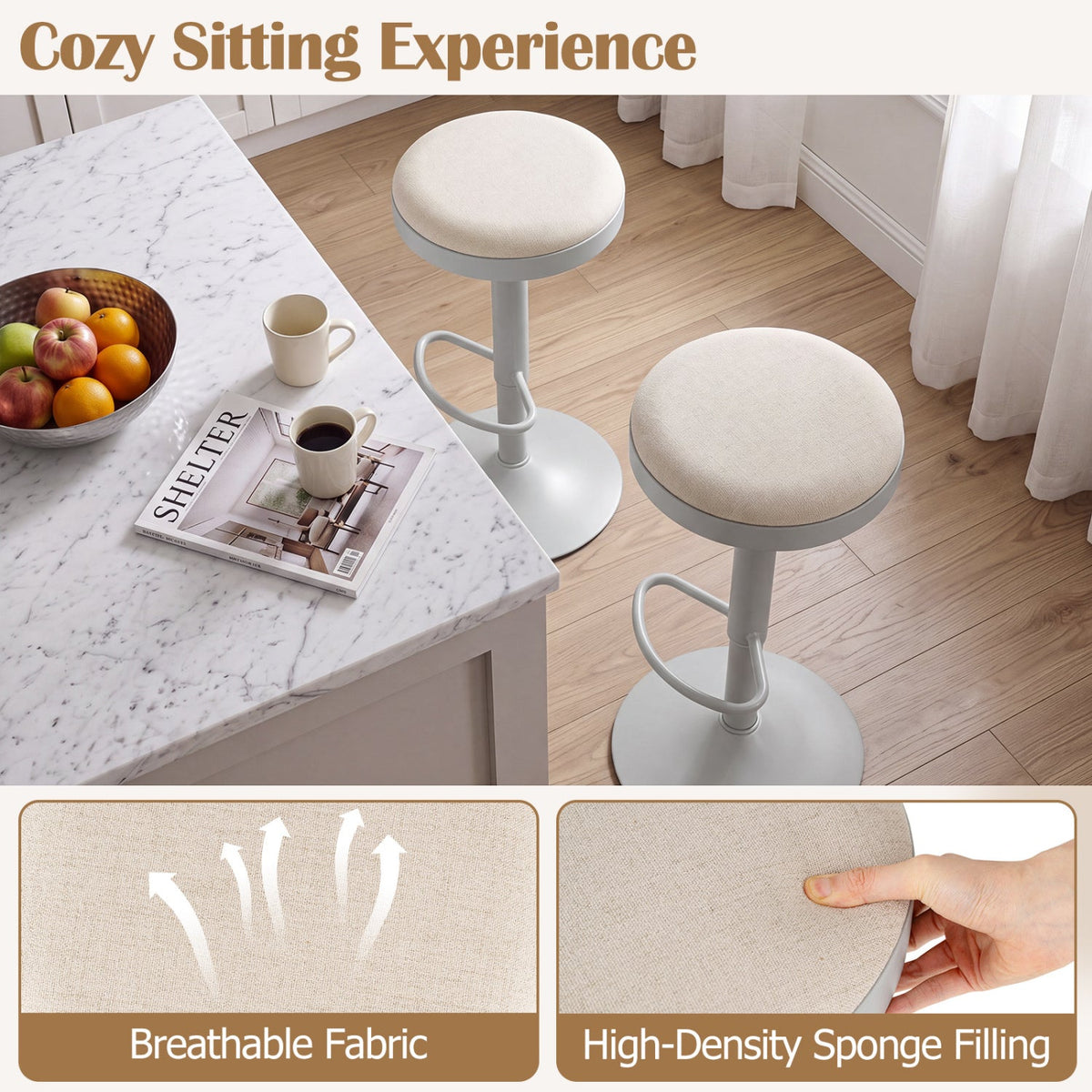 DirectDeals adjustable bar stools set of 2 with padded beige seats and gray metal bases on Tampa Home & Garden Store