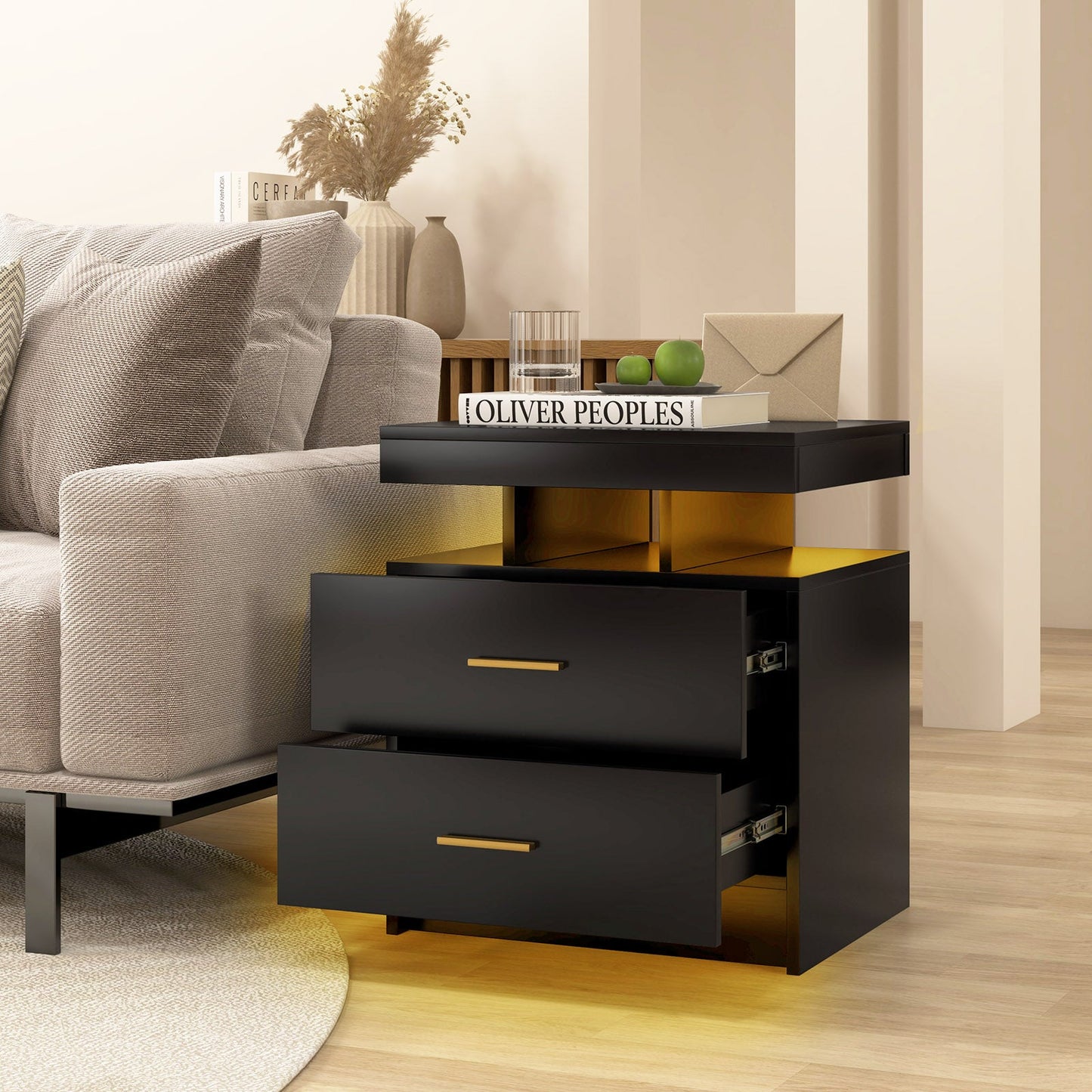 Mesita de noche LED con 2 cajones de almacenamiento para dormitorio - Negro