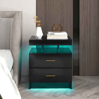 Mesita de noche LED con 2 cajones de almacenamiento para dormitorio - Negro