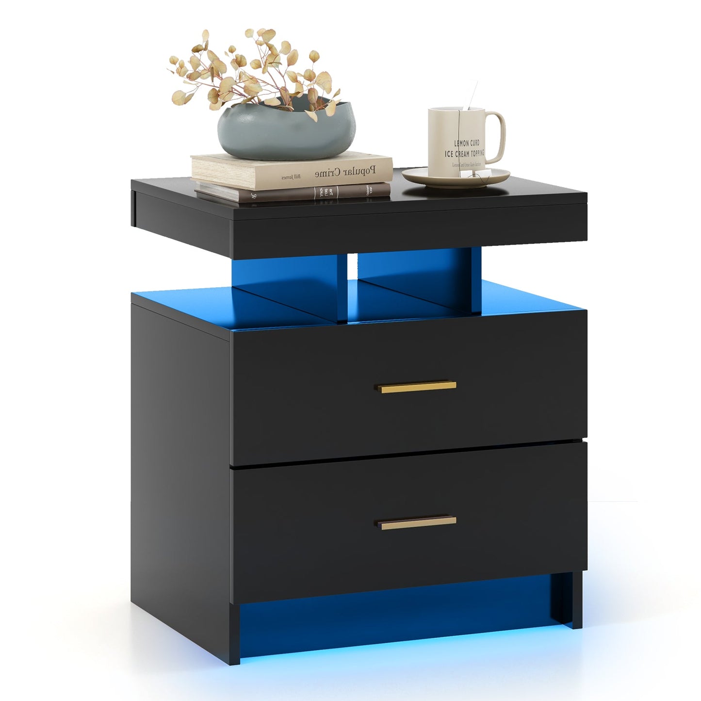 Mesita de noche LED con 2 cajones de almacenamiento para dormitorio - Negro