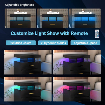 Mesita de noche LED con 2 cajones de almacenamiento para dormitorio - Negro