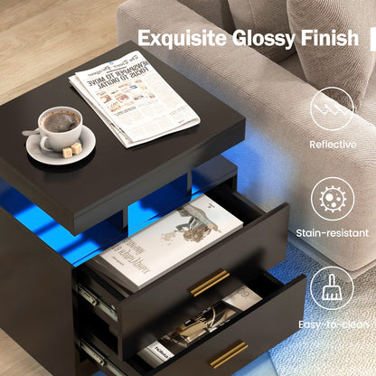 Mesita de noche LED con 2 cajones de almacenamiento para dormitorio - Negro
